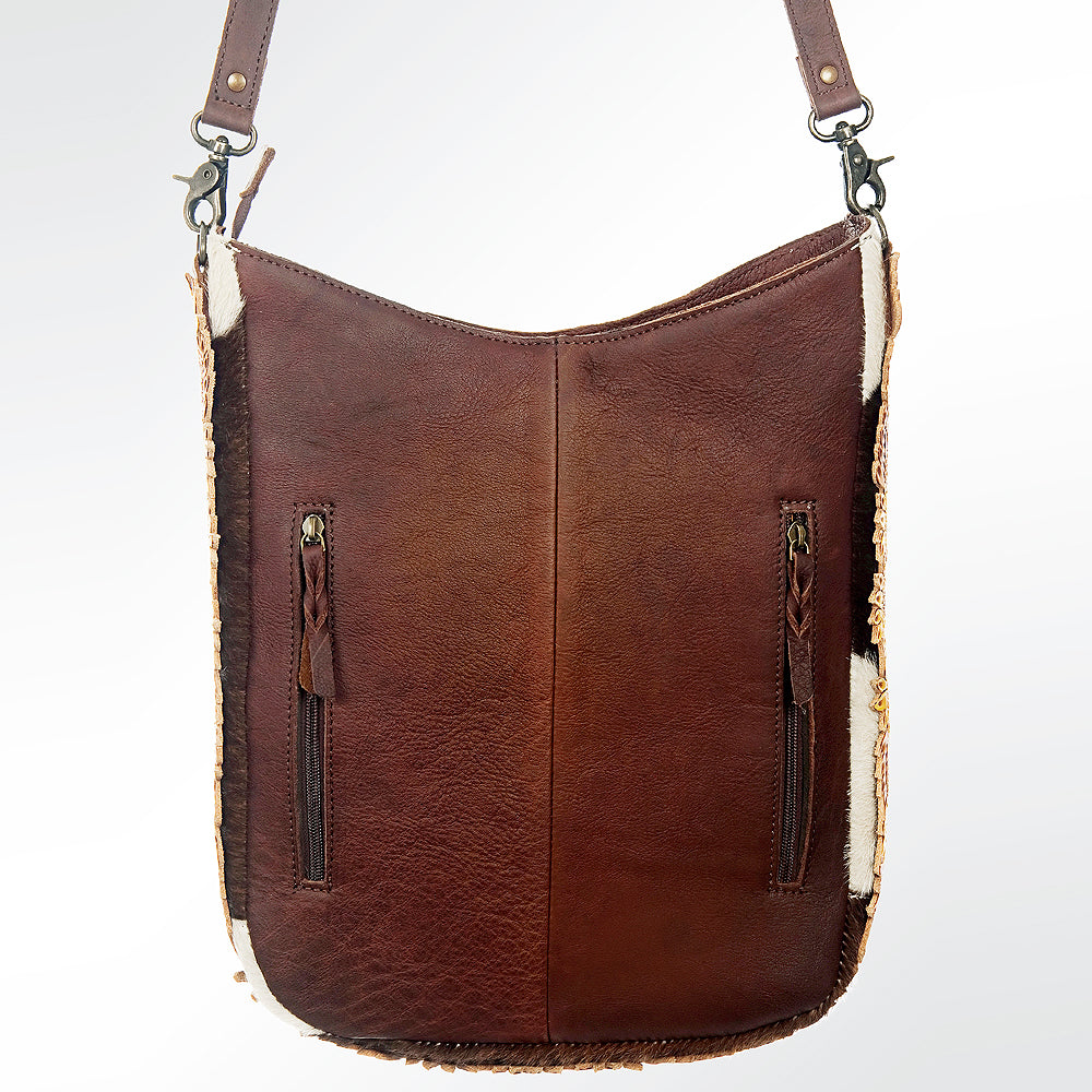 LC-ADBG593 Cowhide Bucket Bag with Tooled Leather Sunflower Accents Western Hair-On-Hide Tote
