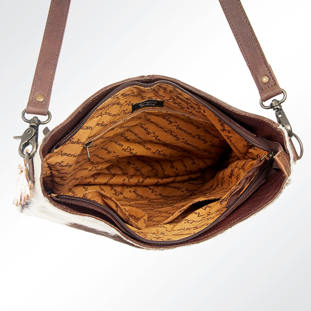 LC-ADBG593 Cowhide Bucket Bag with Tooled Leather Sunflower Accents Western Hair-On-Hide Tote