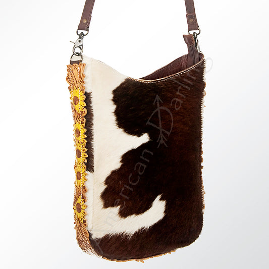 LC-ADBG593 Cowhide Bucket Bag with Tooled Leather Sunflower Accents Western Hair-On-Hide Tote