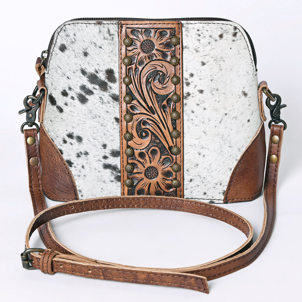 ADBG596 Speckled Cowhide Crossbody Bag with Tooled Leather Floral Panel Western Hair-On-Hide Purse