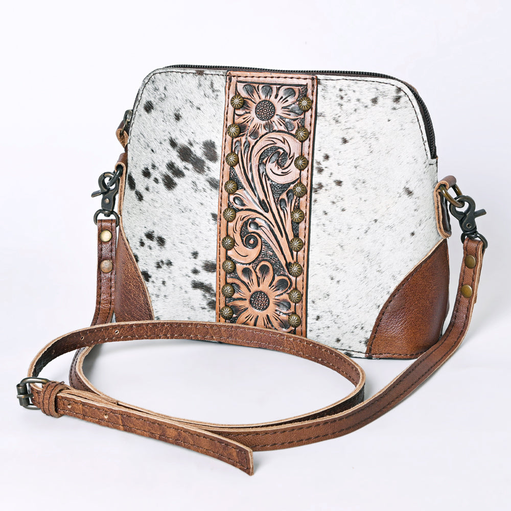 ADBG596 Speckled Cowhide Crossbody Bag with Tooled Leather Floral Panel Western Hair-On-Hide Purse