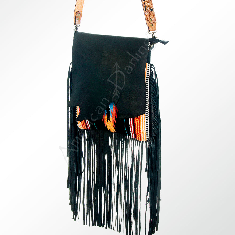 LC-ADBGZ300 Black Leather Flap Messenger Bag with Southwestern Fringe Design
