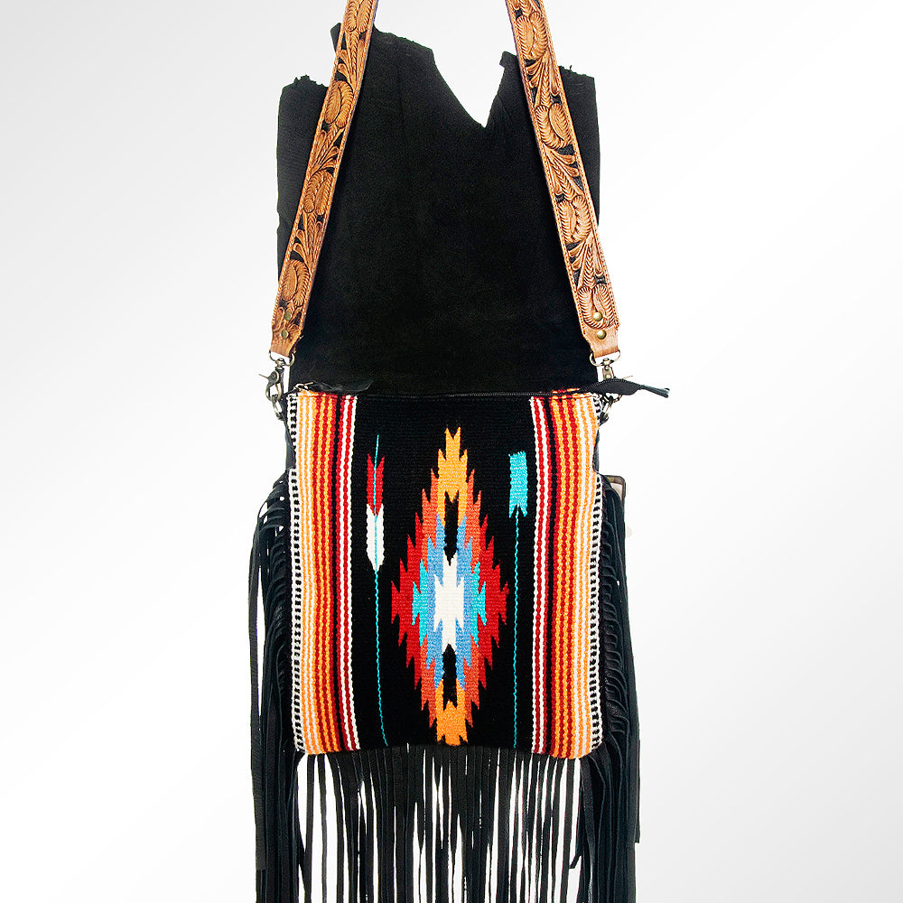 LC-ADBGZ300 Black Leather Flap Messenger Bag with Southwestern Fringe Design