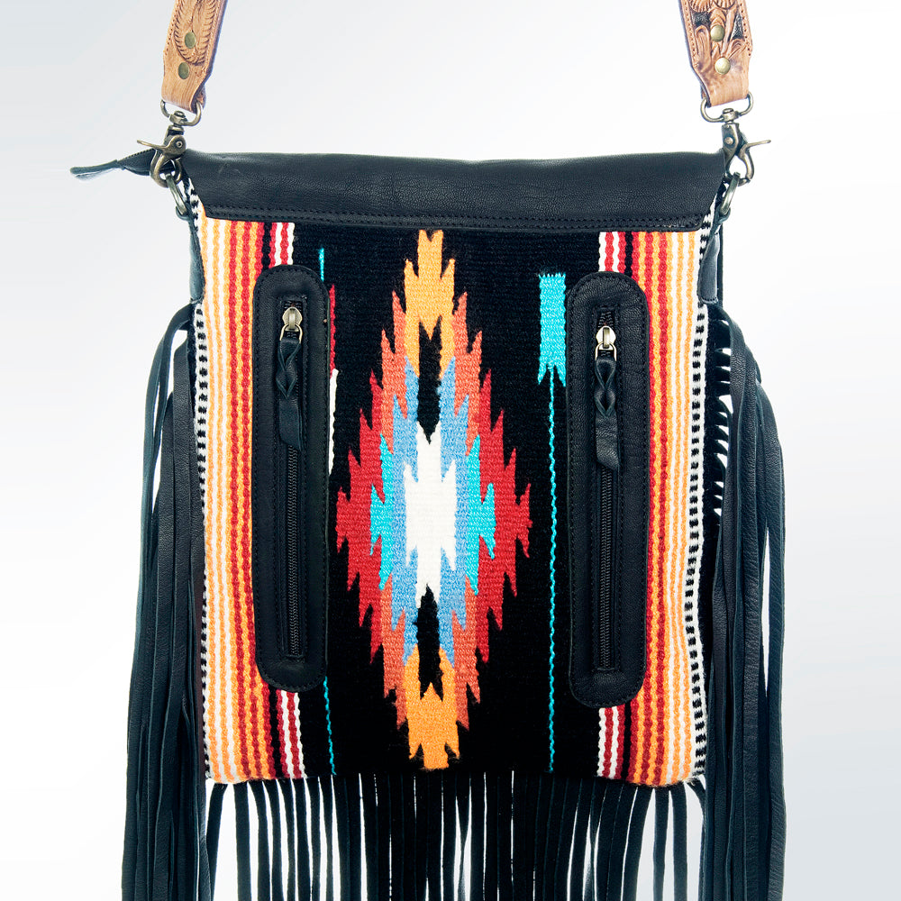 LC-ADBGZ300 Black Leather Flap Messenger Bag with Southwestern Fringe Design