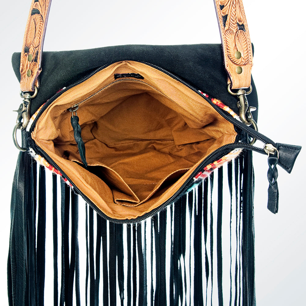 LC-ADBGZ300 Black Leather Flap Messenger Bag with Southwestern Fringe Design