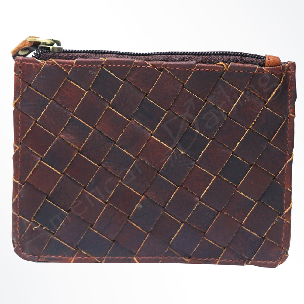 ADBGM121 Handwoven Leather Coin Pouch - Distressed Basketweave Zip Wallet