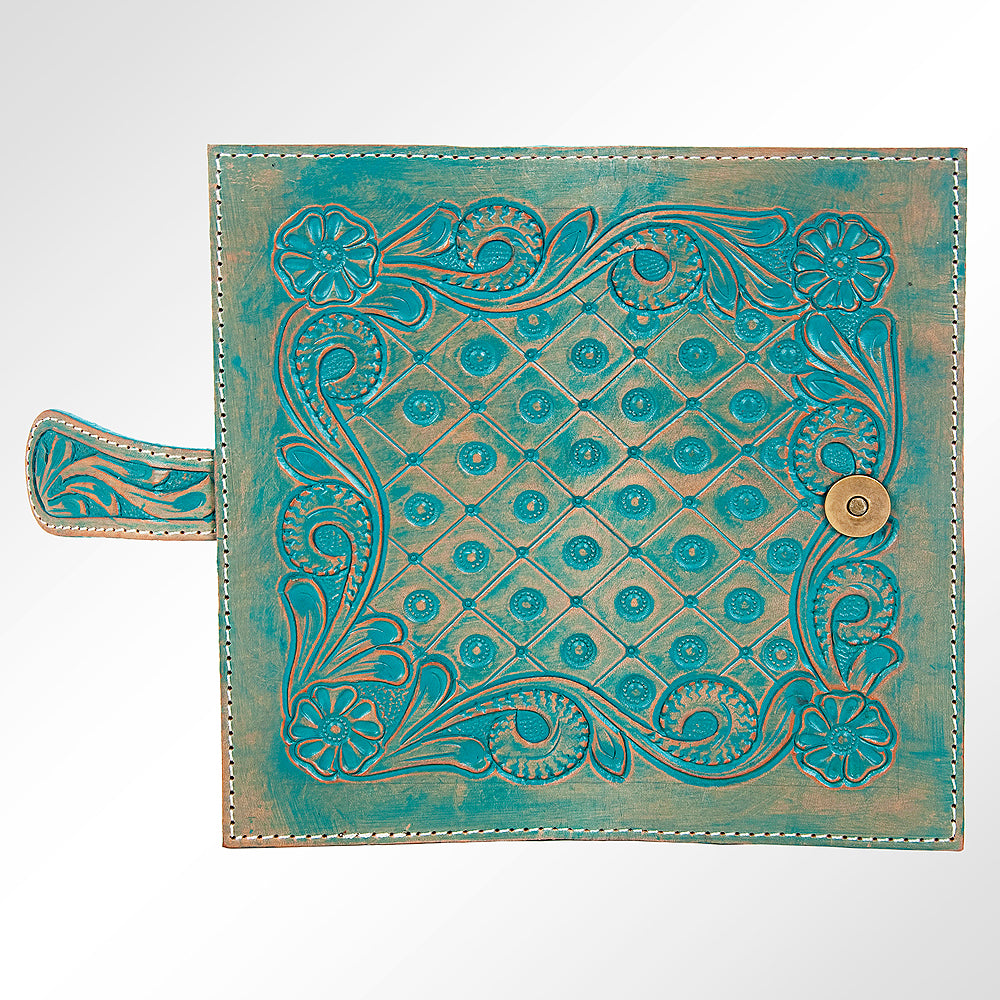 LC-ADBG599 Turquoise Tooled Leather Wallet Western Floral Trifold Clutch with Snap Closure