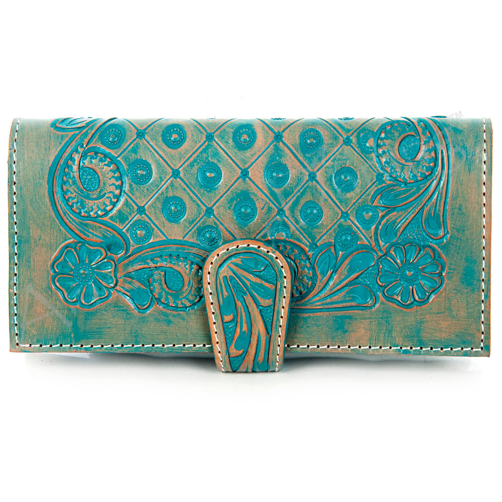 LC-ADBG599 Turquoise Tooled Leather Wallet Western Floral Trifold Clutch with Snap Closure