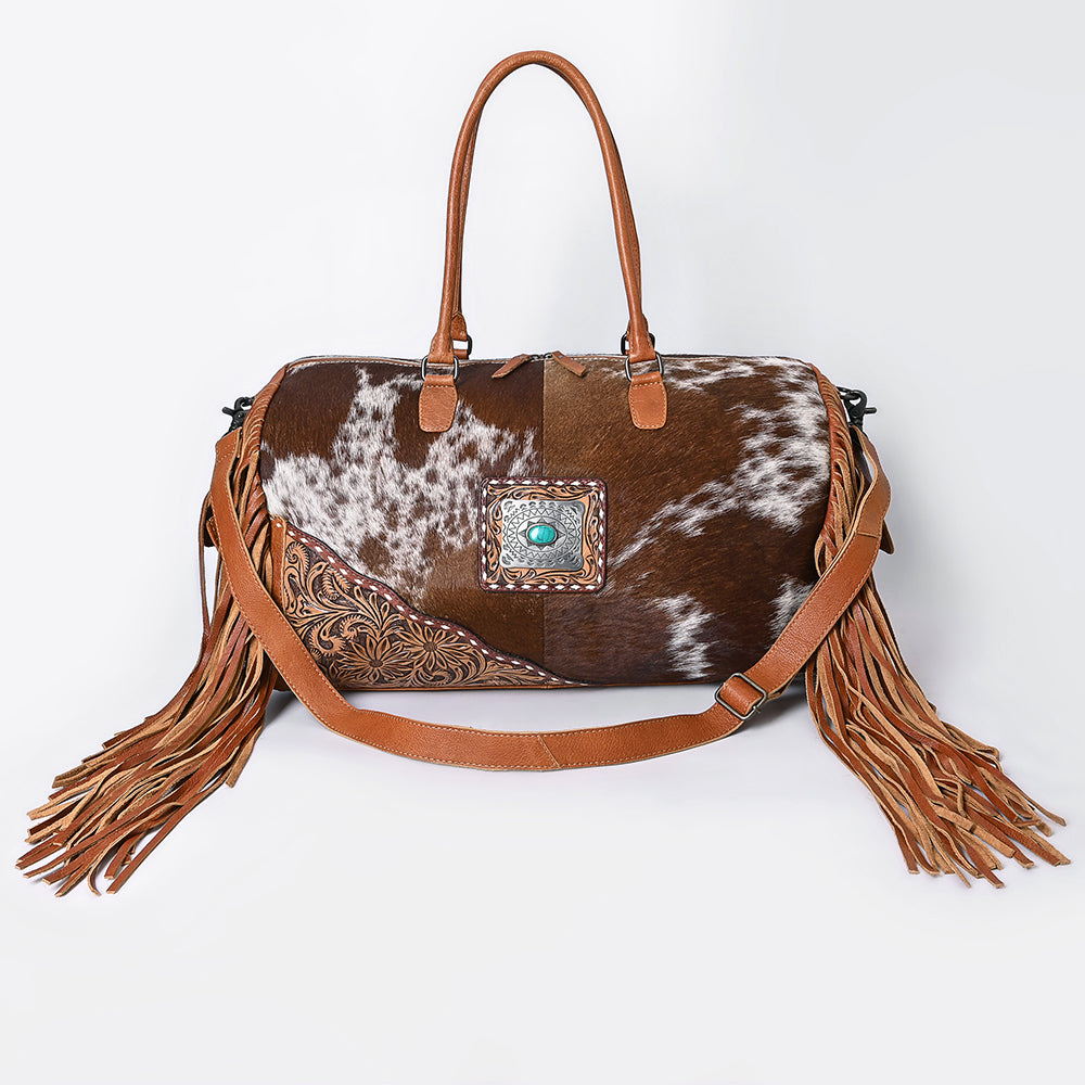 ADBG608 Hair-On-Hide Cowhide Duffle Bag with Tooled Leather & Fringe Western Weekender with Turquoise Concho