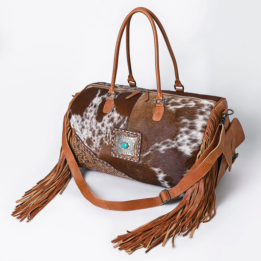 ADBG608 Hair-On-Hide Cowhide Duffle Bag with Tooled Leather & Fringe Western Weekender with Turquoise Concho