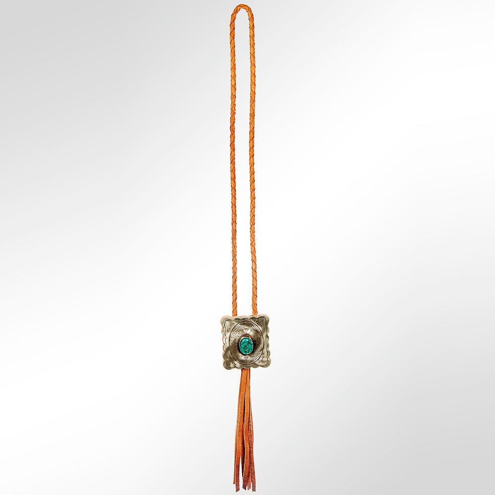 LC-ADJW101 Men's Western Jewelry Necklace with Silver Concho, Turquoise Stone & Leather Fringe