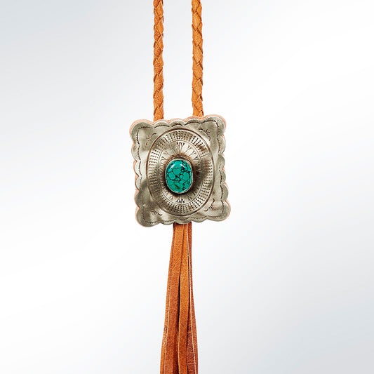 LC-ADJW101 Men's Western Jewelry Necklace with Silver Concho, Turquoise Stone & Leather Fringe