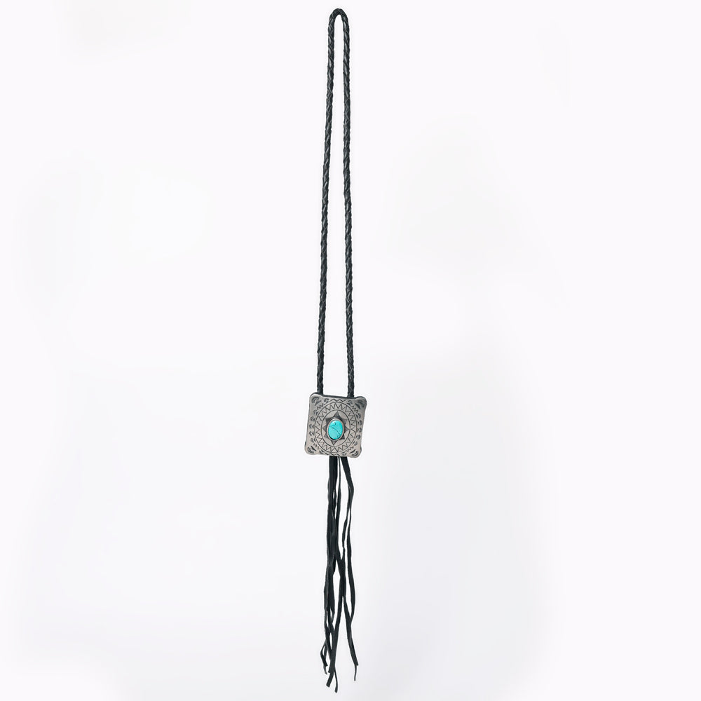 LC-ADJW101 Men's Western Jewelry Necklace with Silver Concho, Turquoise Stone & Leather Fringe