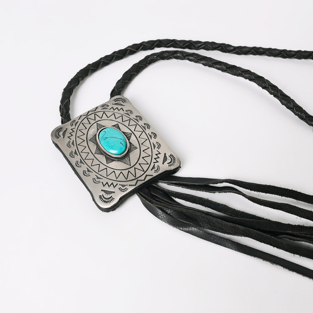 LC-ADJW101 Men's Western Jewelry Necklace with Silver Concho, Turquoise Stone & Leather Fringe