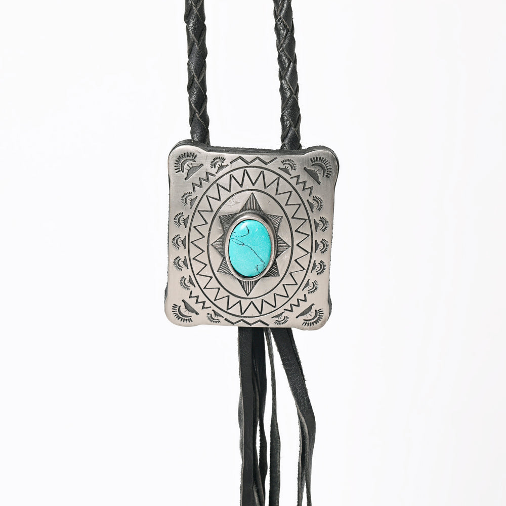 LC-ADJW101 Men's Western Jewelry Necklace with Silver Concho, Turquoise Stone & Leather Fringe