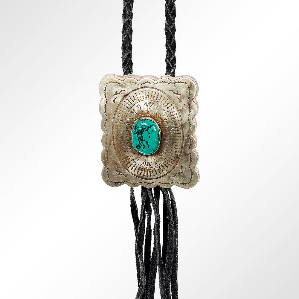 LC-ADJW101 Men's Western Jewelry Necklace with Silver Concho, Turquoise Stone & Leather Fringe