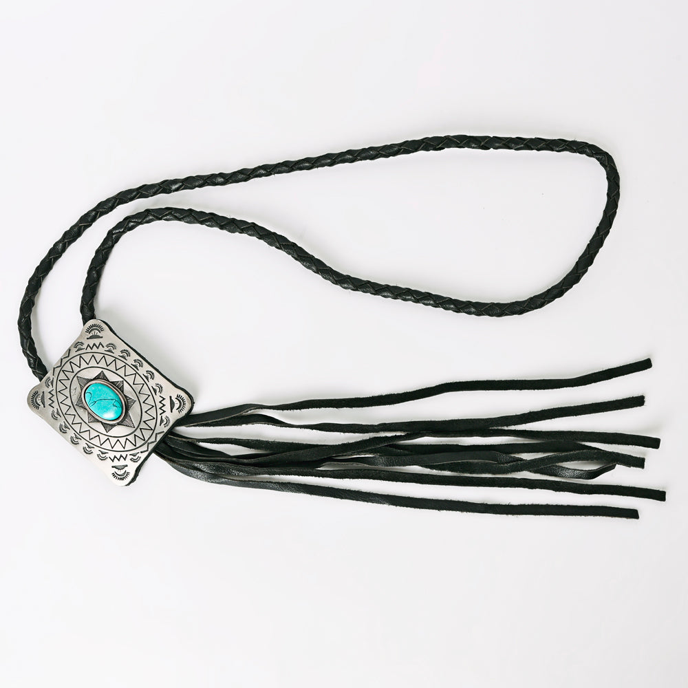 LC-ADJW101 Men's Western Jewelry Necklace with Silver Concho, Turquoise Stone & Leather Fringe