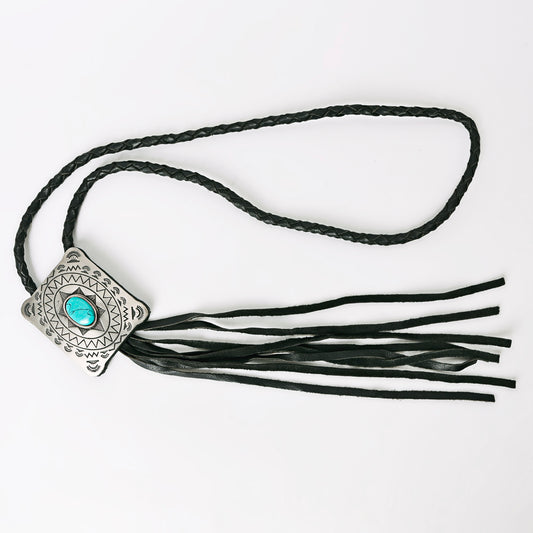 LC-ADJW101 Men's Western Jewelry Necklace with Silver Concho, Turquoise Stone & Leather Fringe
