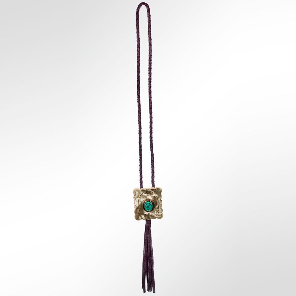 LC-ADJW101 Men's Western Jewelry Necklace with Silver Concho, Turquoise Stone & Leather Fringe