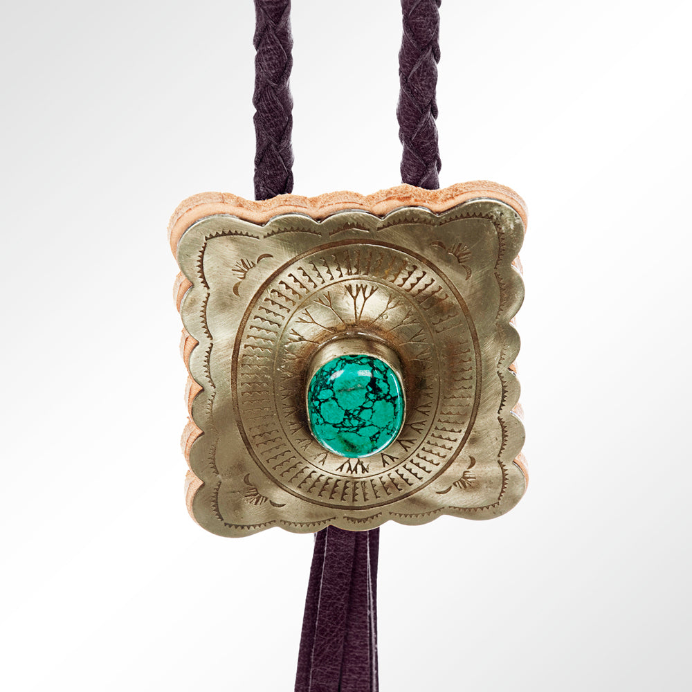 LC-ADJW101 Men's Western Jewelry Necklace with Silver Concho, Turquoise Stone & Leather Fringe