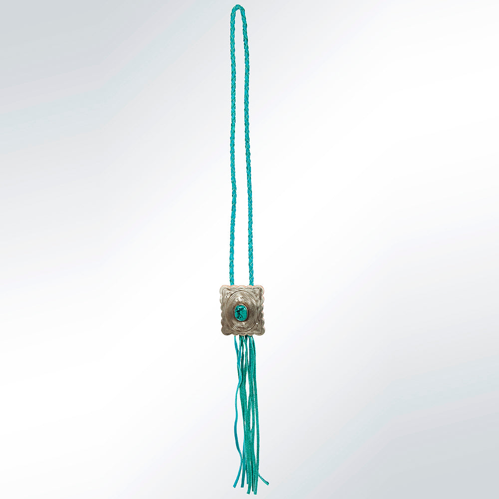 LC-ADJW101 Men's Western Jewelry Necklace with Silver Concho, Turquoise Stone & Leather Fringe