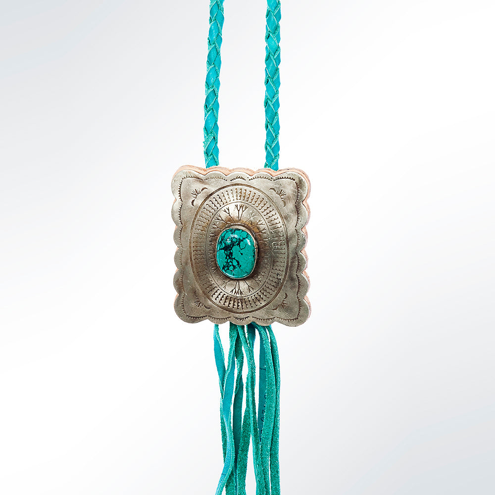 LC-ADJW101 Men's Western Jewelry Necklace with Silver Concho, Turquoise Stone & Leather Fringe