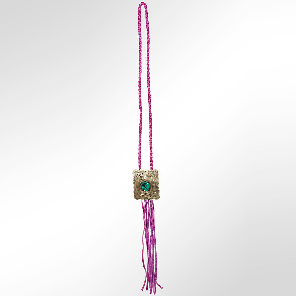 LC-ADJW101 Men's Western Jewelry Necklace with Silver Concho, Turquoise Stone & Leather Fringe