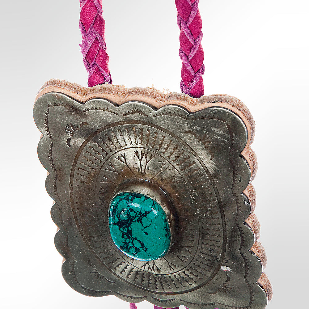 LC-ADJW101 Men's Western Jewelry Necklace with Silver Concho, Turquoise Stone & Leather Fringe