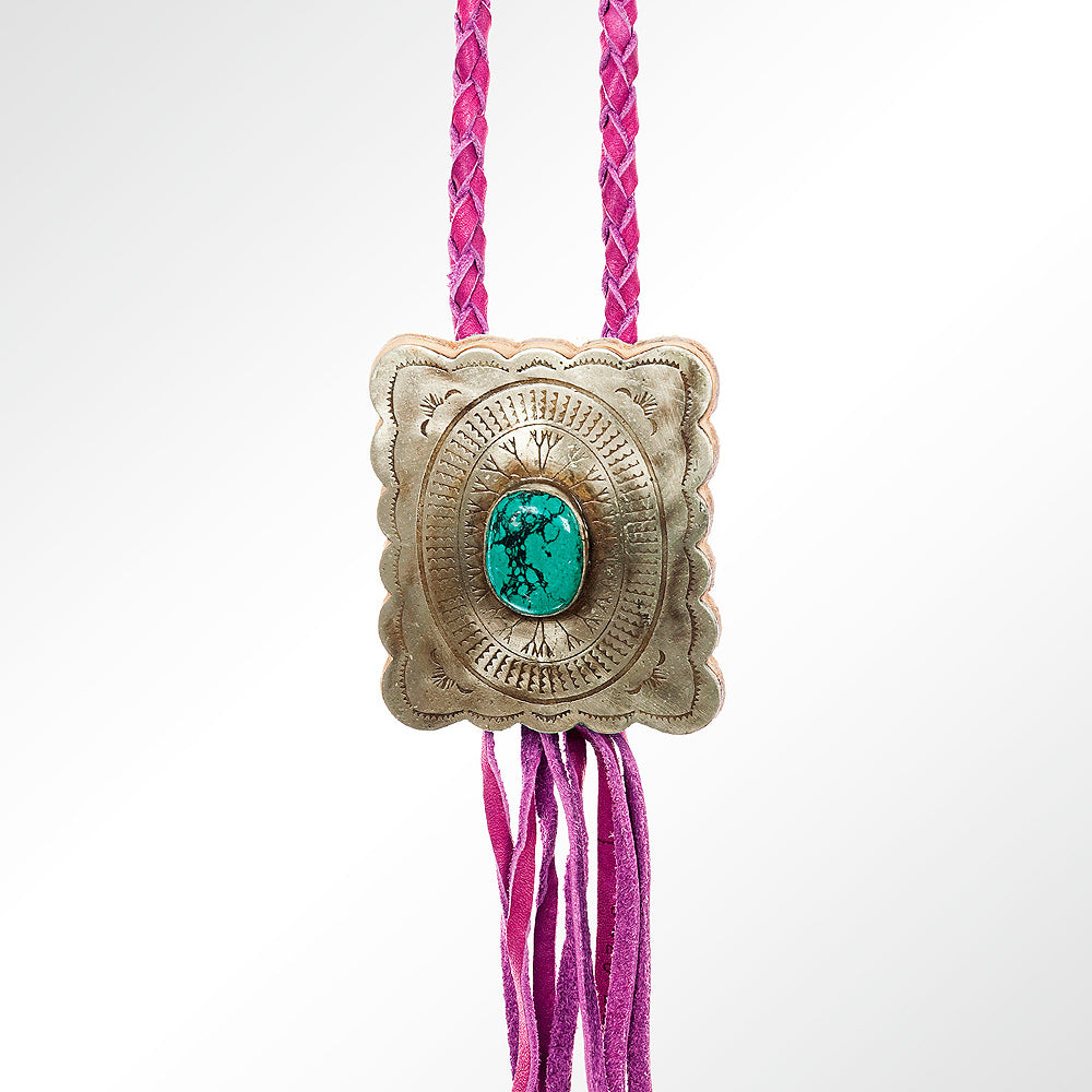 LC-ADJW101 Men's Western Jewelry Necklace with Silver Concho, Turquoise Stone & Leather Fringe