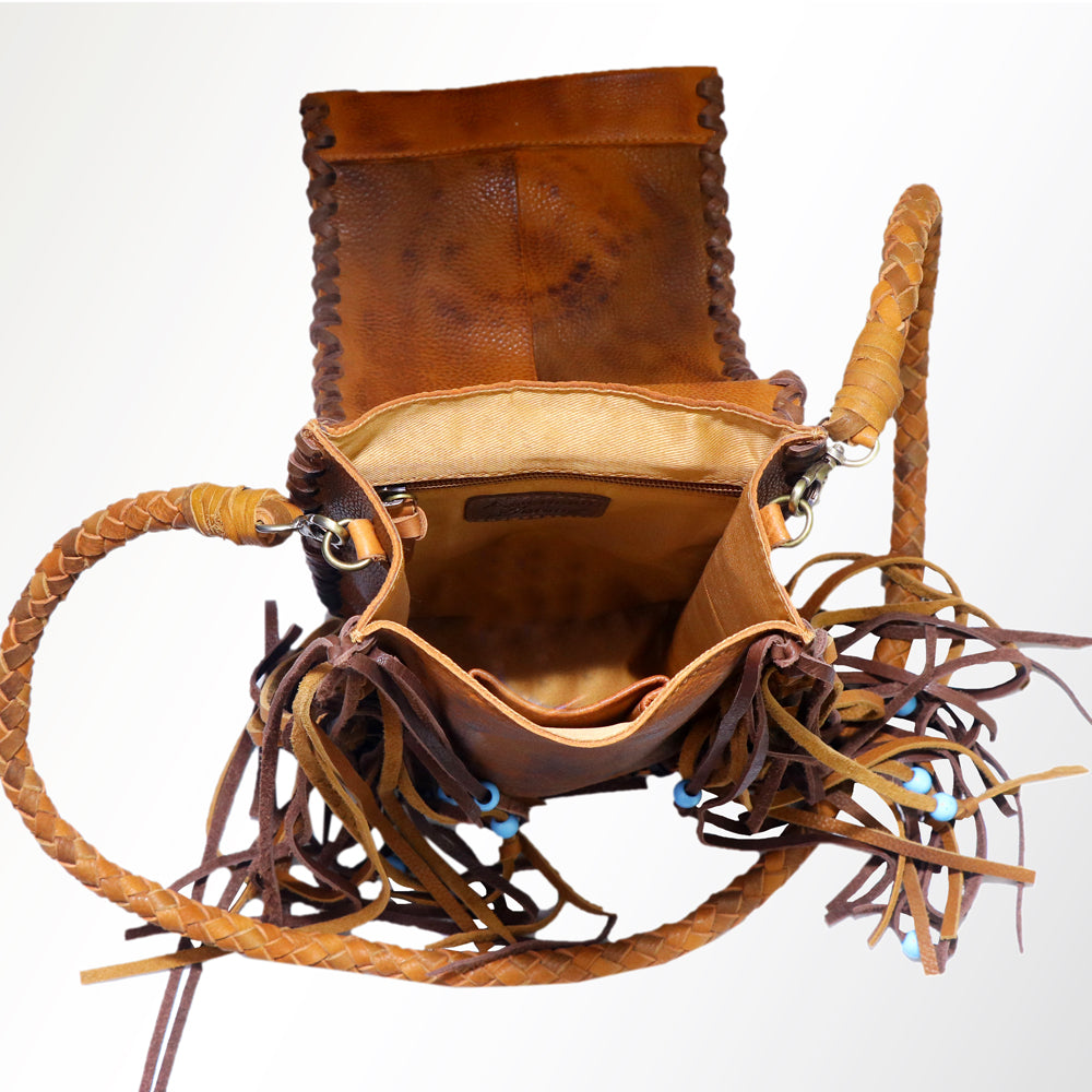 LC-ADBGM124 Handcrafted Leather Messenger Bag - Beaded Medallion & Fringe with Braided Strap