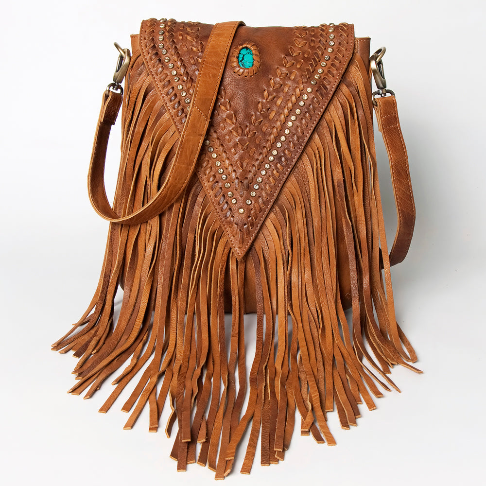 ADBGM126 Leather Fringe Messenger Bag - V-Cut Flap with Turquoise Concho & Studs