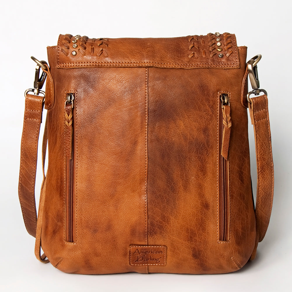 ADBGM126 Leather Fringe Messenger Bag - V-Cut Flap with Turquoise Concho & Studs