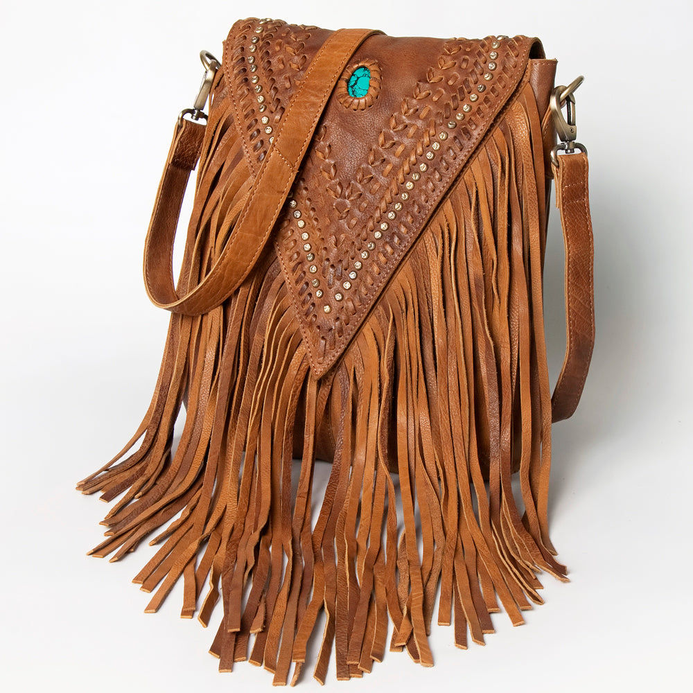 ADBGM126 Leather Fringe Messenger Bag - V-Cut Flap with Turquoise Concho & Studs