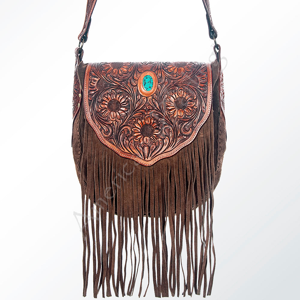 ADBGH102 Fringe Western Leather Tote - Tooled Flap with Turquoise Inlay & Genuine suede Body