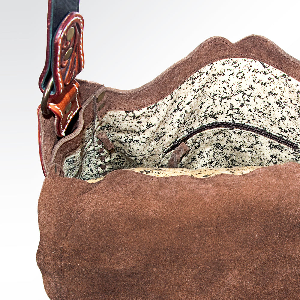 ADBGH102 Fringe Western Leather Tote - Tooled Flap with Turquoise Inlay & Genuine suede Body