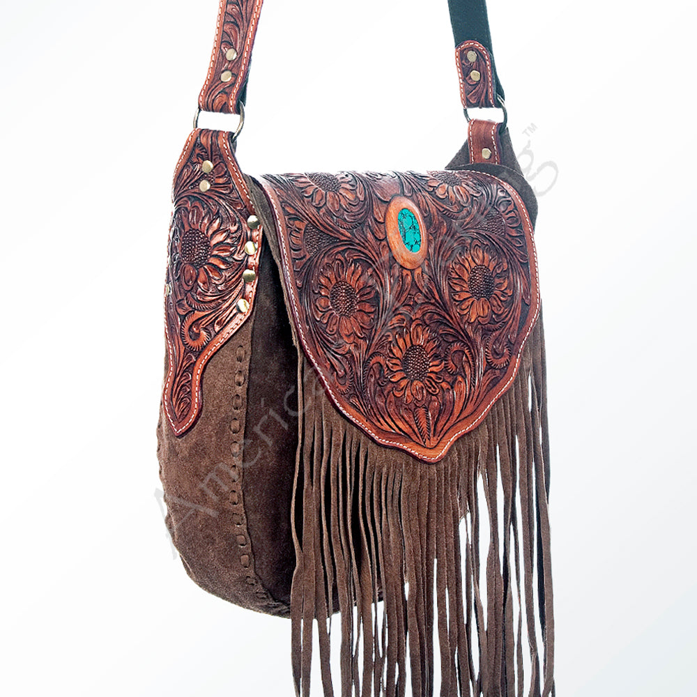 ADBGH102 Fringe Western Leather Tote - Tooled Flap with Turquoise Inlay & Genuine suede Body
