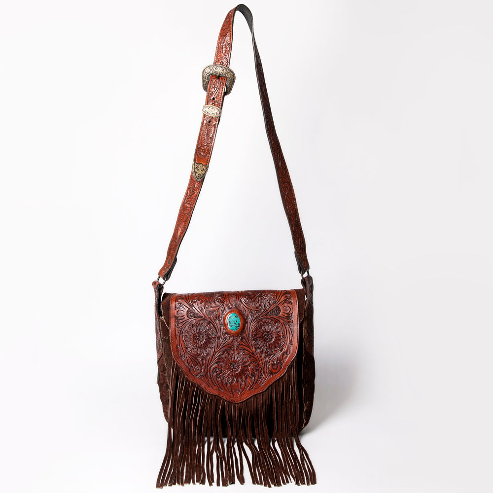 ADBGH102 Fringe Western Leather Tote - Tooled Flap with Turquoise Inlay & Genuine suede Body