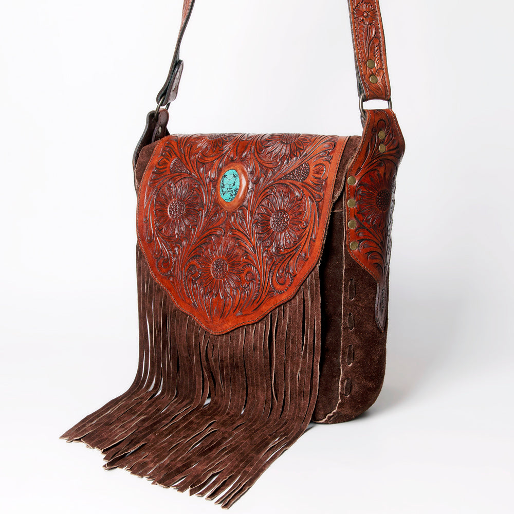 ADBGH102 Fringe Western Leather Tote - Tooled Flap with Turquoise Inlay & Genuine suede Body
