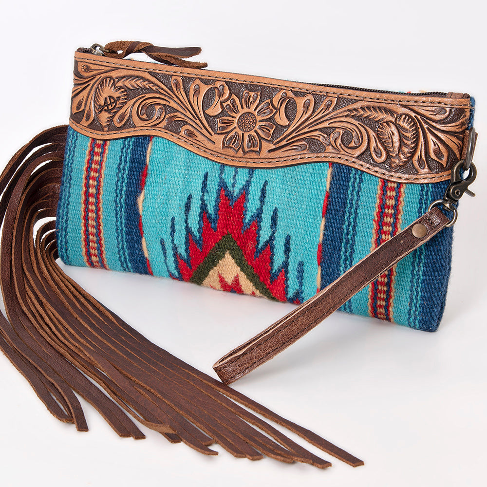 ADBG642 American Darling Hand Tooled Floral & Saddle Blanket Western Leather Wristlet Bag