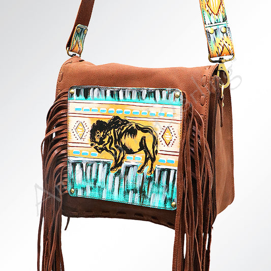 ADBGM109 Fringed Leather Western Crossbody Bag - Painted Artwork