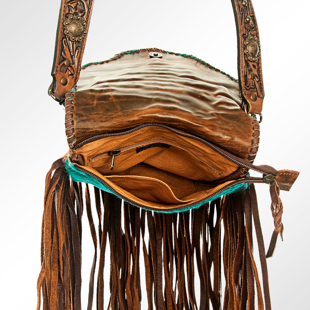 ADBG733 American Darling Hand Tooled Floral Carved Strap Cross body Bag Hair-On Cowhide Western Fringed Purse