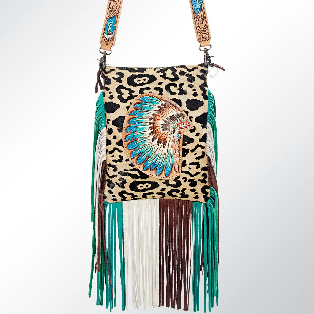 ADBG658 Leopard Hair-on-Hide Crossbody Bag with Tooled Leather War Bonnet & Fringe