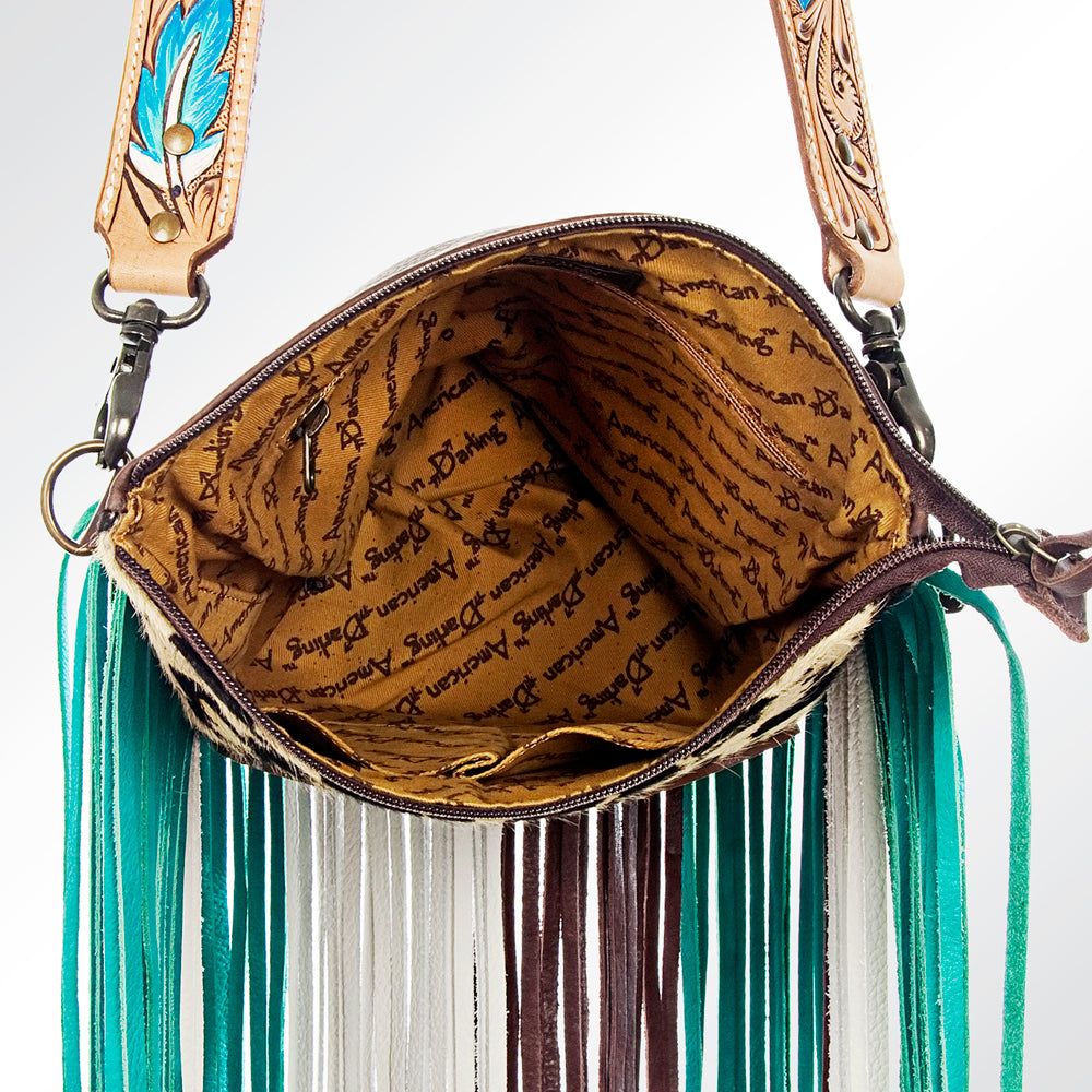 ADBG658 Leopard Hair-on-Hide Crossbody Bag with Tooled Leather War Bonnet & Fringe