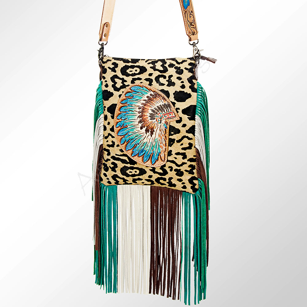 ADBG658 Leopard Hair-on-Hide Crossbody Bag with Tooled Leather War Bonnet & Fringe