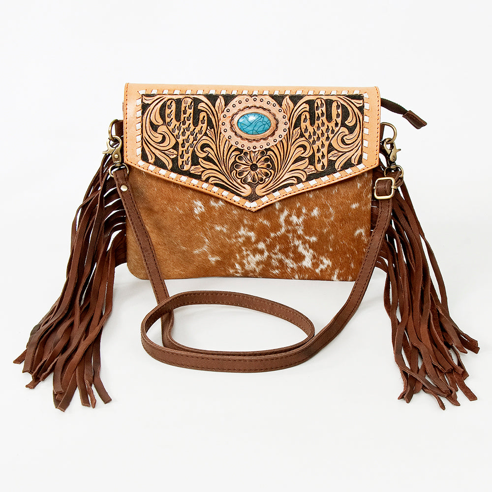 LC-ADBGD118 Cowhide Crossbody Bag with Cactus Tooled Leather Flap & Turquoise Stone