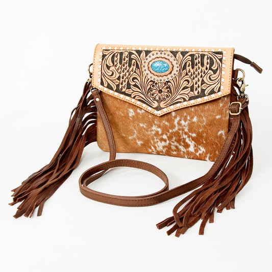 LC-ADBGD118 Cowhide Crossbody Bag with Cactus Tooled Leather Flap & Turquoise Stone