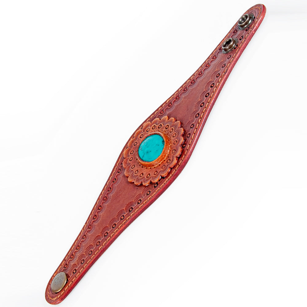 ADBRF135 Stamped Leather Cuff Bracelet with Turquoise Stone - Western Style