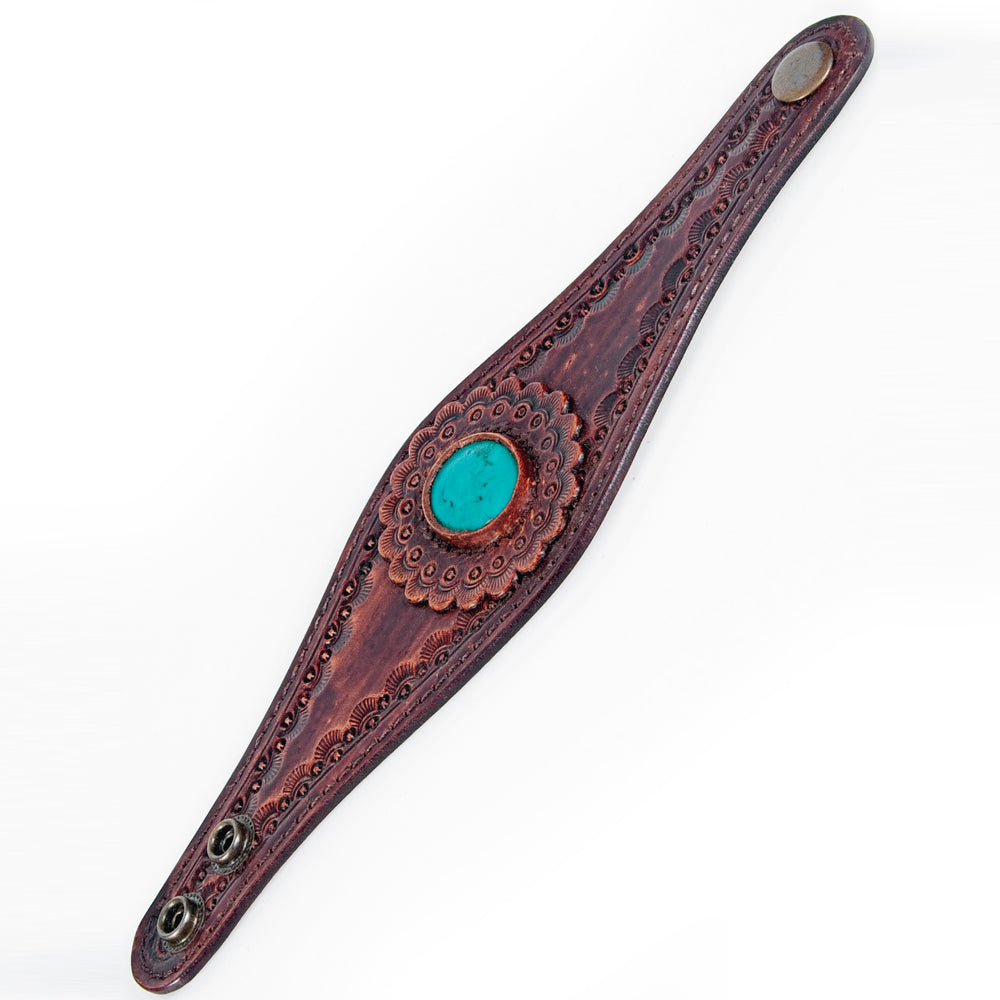 ADBRF136 Hand Stamped Leather Cuff Bracelet - Burgundy Finish with Turquoise Stone