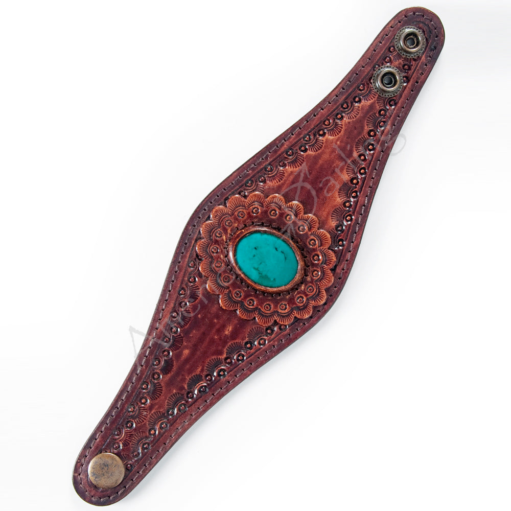 ADBRF136 Hand Stamped Leather Cuff Bracelet - Burgundy Finish with Turquoise Stone