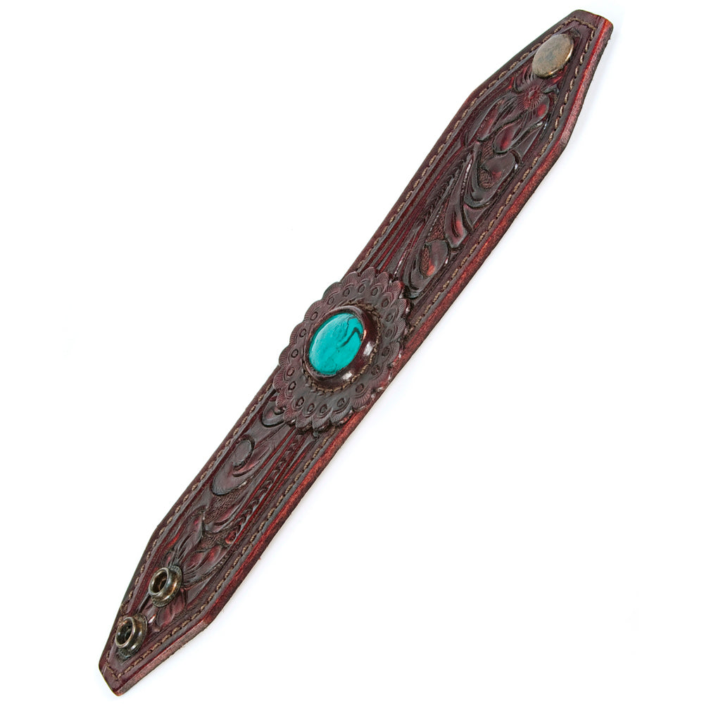 ADBRF138 Hand Tooled Leather Cuff Bracelet - Maroon Floral Design with Turquoise Stone